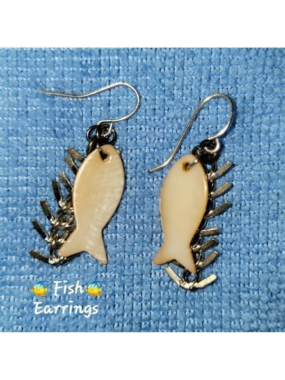 Handmade Shell Fish Silver Fish Bone Replica Earrings #E6